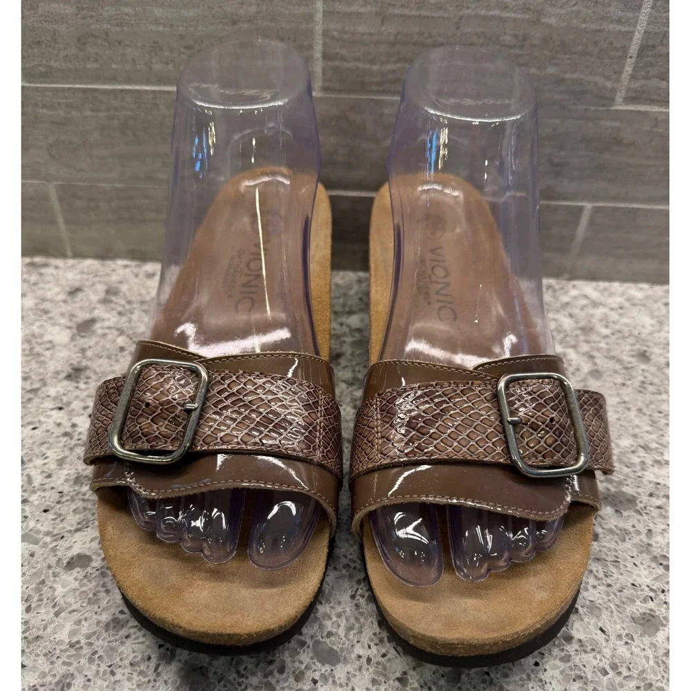 Vionic Orthaheel Ariana Brown Snakeskin Embossed Wedge Slide Sandals Buckle 10